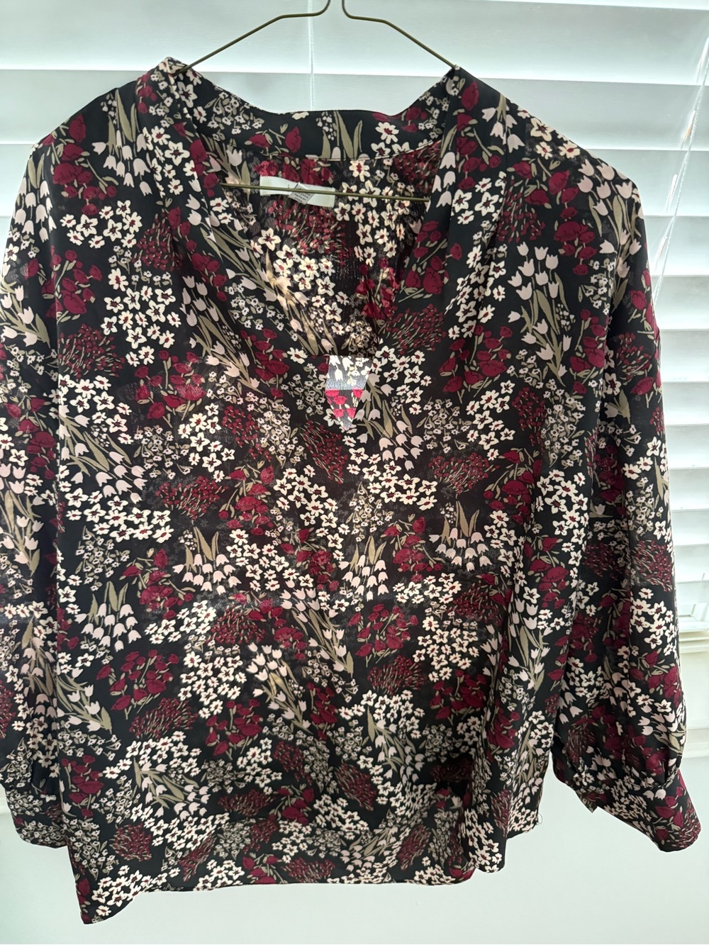 Joie Black Floral V-Neck Pullover Blouse with Burgundy and Cream
